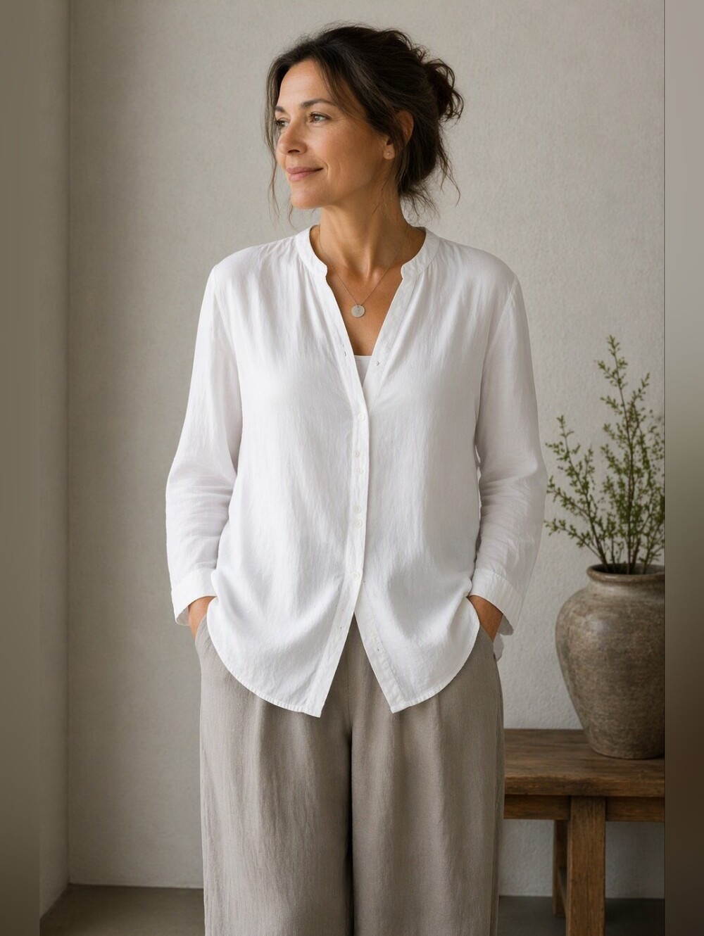OSKA Collarless White Linen Button Down Blouse Top Lagenlook